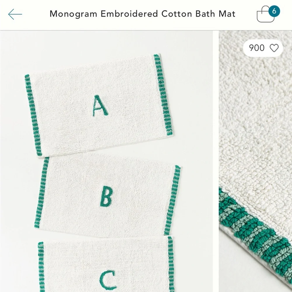 Anthropologie Monogram Embroidered Cotton Bath Mat -‎ White with Green Accents
